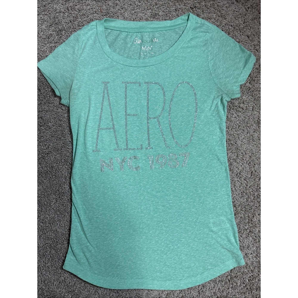 Aeropostale Womens Medium Mint Green Rhinestone Aero NYC 1987 Graphic Tee‎ Shirt